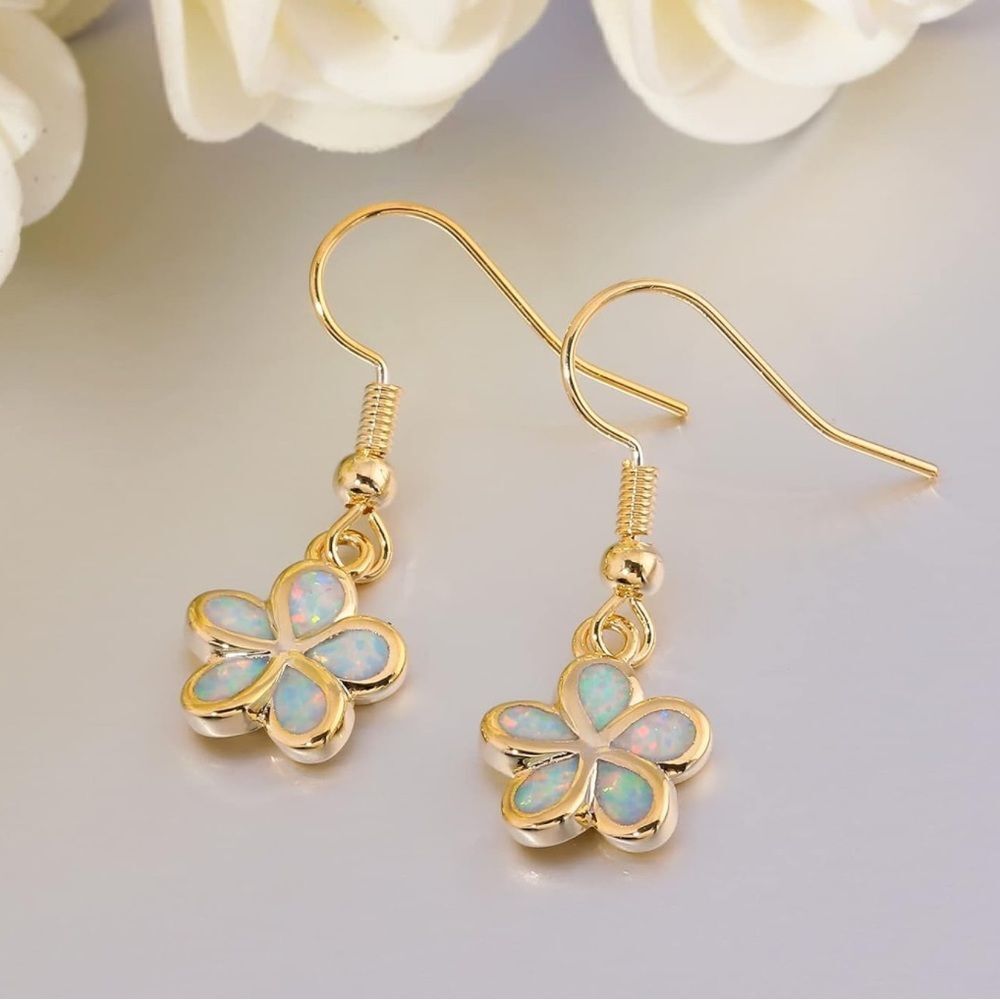 18K Yellow Gold with Genuine White Fire Opal Dangling Flower Drop Hook Earrings - Picture 2 of 5
